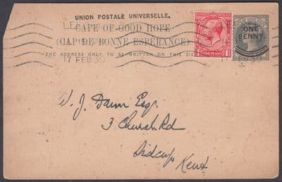 1930 Cape of Good Hope Statinery Postcard+GB KGV 1d Used Leeds, UK: Sidcup, Kent
