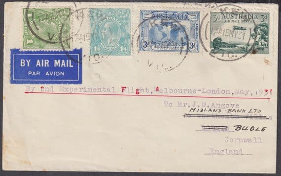 1931 Australia 2nd Experimental Flight Melbourne: London;Kew/Vic: Bugle,Cornwall