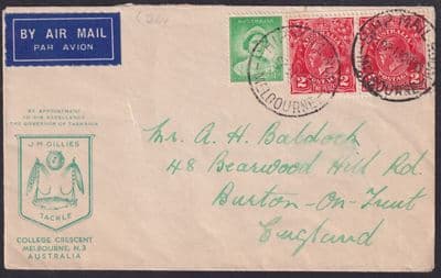 1933 Australia Airmail Melbourne: UK; J M Gillies Tackle Advertising Env + Label