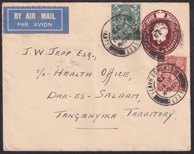 1933 Uprated Stat.Env.;Fleet/Aldershot Hants: Dar-Es-Salaam; Tanganyika; Airmail