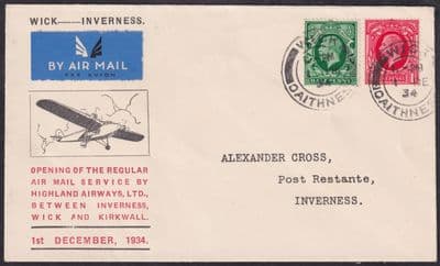 1934 Highland Airways Ltd Airmail Wick - Inverness Illustrated FFC