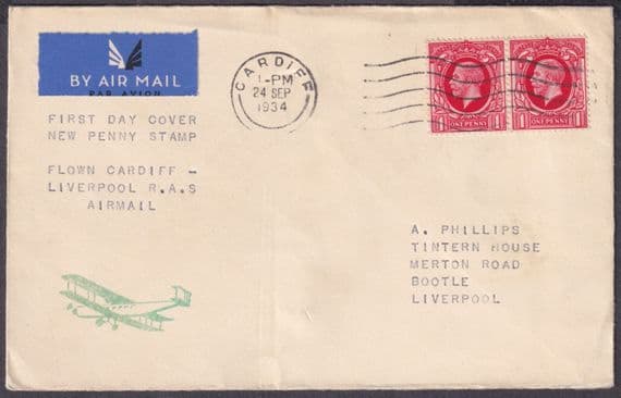 1934 KGV 1d scarlet photogravure A.Phillips RAS Airmail FDC; Cardiff: Liverpool