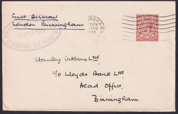 1934 London Airmail to Birmingham; Midland&Scottish Air Ferries Cachets