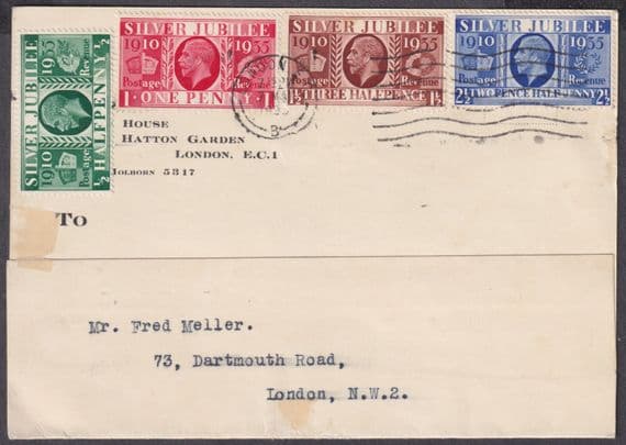 1935 KGV Silver Jubilee Spring & Grun??? 'Card' (3 vals) 'FDC'; London EC M/C