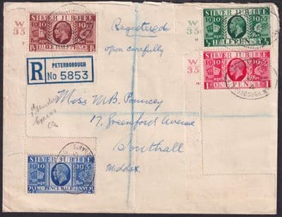 1935 Silver Jubilee margin Set Regd FDC inc.W35 Controls on 3 vals; Peterborough