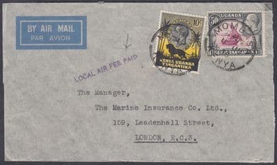 1936 KUT 'LOCAL AIR FEE PAID' Cachet, Mombasa Airmail to London; KGV 50c+10c