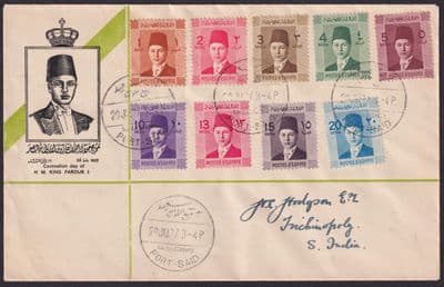 1937 Egypt King Farouk Coronation Illustrated FDC to India; scarce