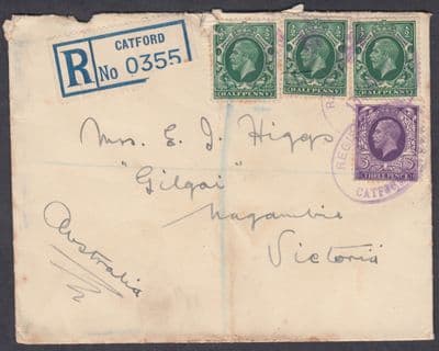 1937 KGV 1/2d+1/2d+1/2d+3d Catford Registered via Melbourne: Nagambi, Australia