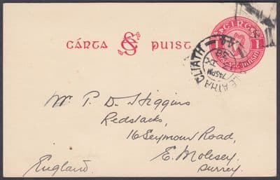 1938 Ireland / Eire 1d red Stationery Postcard to East Molsey, Surrey