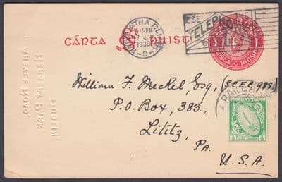 1938 Ireland / Eire uprated 1d red Stationery Postcard to Lilitz, USA