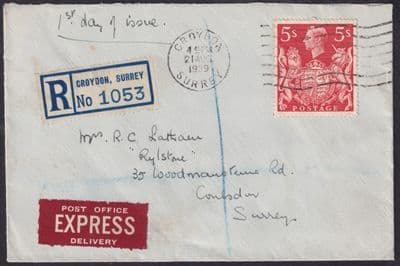 1939 KGVI 5s Arms High Value Definitive Reg'd FDC; Croydon / Surrey CDS;CAT £850
