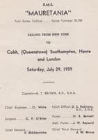 1939 RMS Mauretania July 29th New York to Southampton Third Passenger List