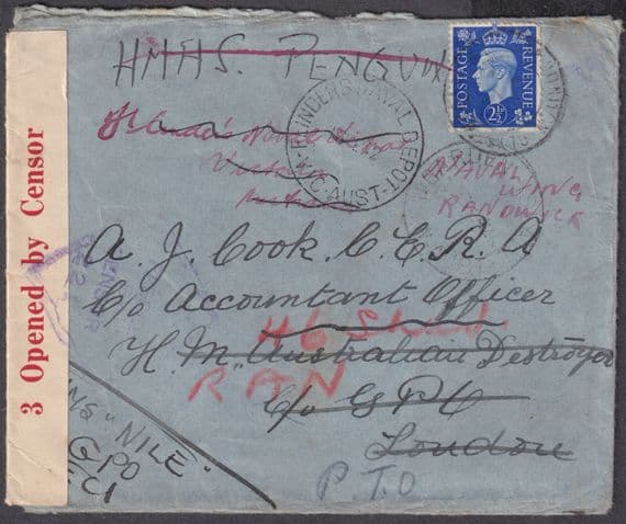 1941 HMS Nile readdressed to Australia HMAS Penquin; Flinders Naval Base; Censor