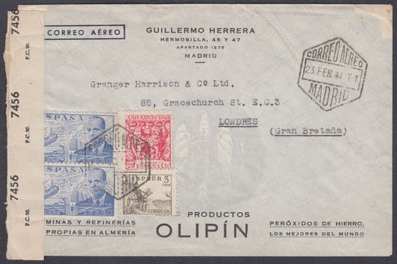 1941 Spain, Madrid Censor / Airmail to London, England