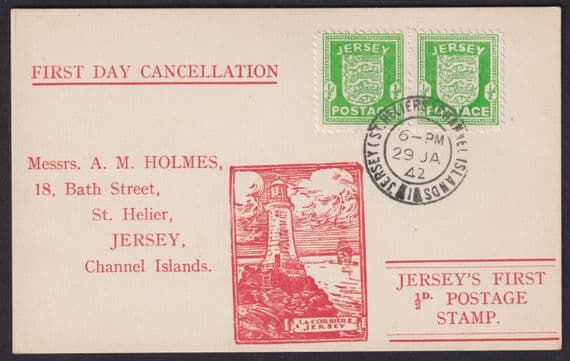 1942 Jersey Occupation Arms 1/2dgreen 'FDC' Postcard; St. Helliers CDS; Fine