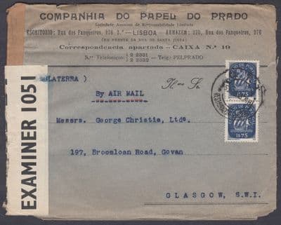 1943 Portugal Airmail / Censor; Lisbon B/S to Govan, Glasgow, Scotland