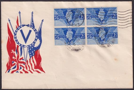 1946 Victory 2 1/2d blue Block scarce design FDC; Mill Hill/W7 M/C+ CDS