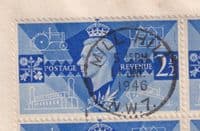 1946 Victory 2 1/2d blue Block scarce design FDC; Mill Hill/W7 M/C+ CDS