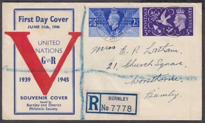 1946 Victory scarce Burnley & District Philatelic Society FDC; Burnley/Lancs CDS