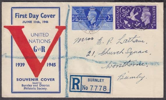 1946 Victory scarce Burnley & District Philatelic Society FDC; Burnley/Lancs CDS