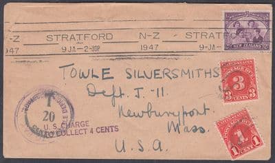 1947 Postage Due Cover, New Zealand, Stratford to United States / USA