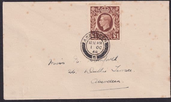 1948 KGVI £1 brown FDC; Aberdeen CDS; SG 478c; foxing