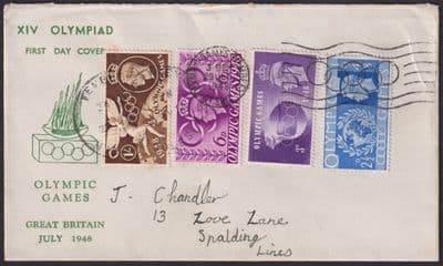 1948 Olympic Games FDC; Foster's Stamp Dealer Cachet on Flap; Wembley CDS+Slogan