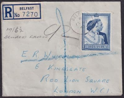 1948 Royal Silver Wedding £1 Registered, Belfast CDS to London (NOT a FDC)