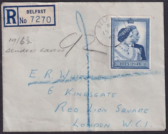 1948 Royal Silver Wedding £1 Registered, Belfast CDS to London (NOT a FDC)