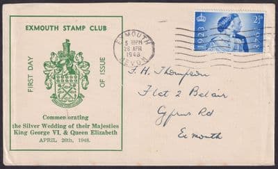 1948 Royal Silver Wedding 2 1/2d v.scarce Exmouth Stamp Club FDC; Exmouth Devon