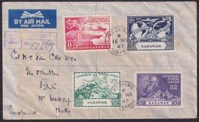 1949 Sarawak UPU Set Regd Airmail HK&SB Singapore Flap+B/S; Kuching CDS; NOT FDC