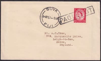 1957 QEII 2 1/2d GB Used Abroad; Suva / Fiji / PAQUEBOT to England