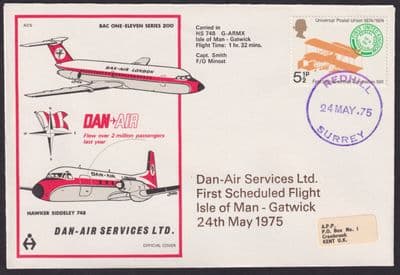 1975 Dan-Air  Isle of Man - Gatwick FFC; purple Redhill / Surrey CDS