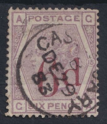 6d on 6d lilac; SG 162, CAT £150; Castle Cary CDS (Somerset); Used, tear at left