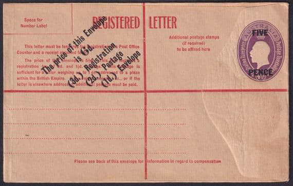 Australia 5d overprint on 4 1/2d KGV Head Mint Registered Envelope; scans