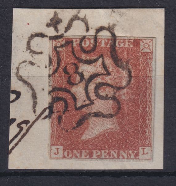 Number 8 in Maltese Cross on 1d red-brown/SG 8? on PIECE  'JL';4M; Fine Used