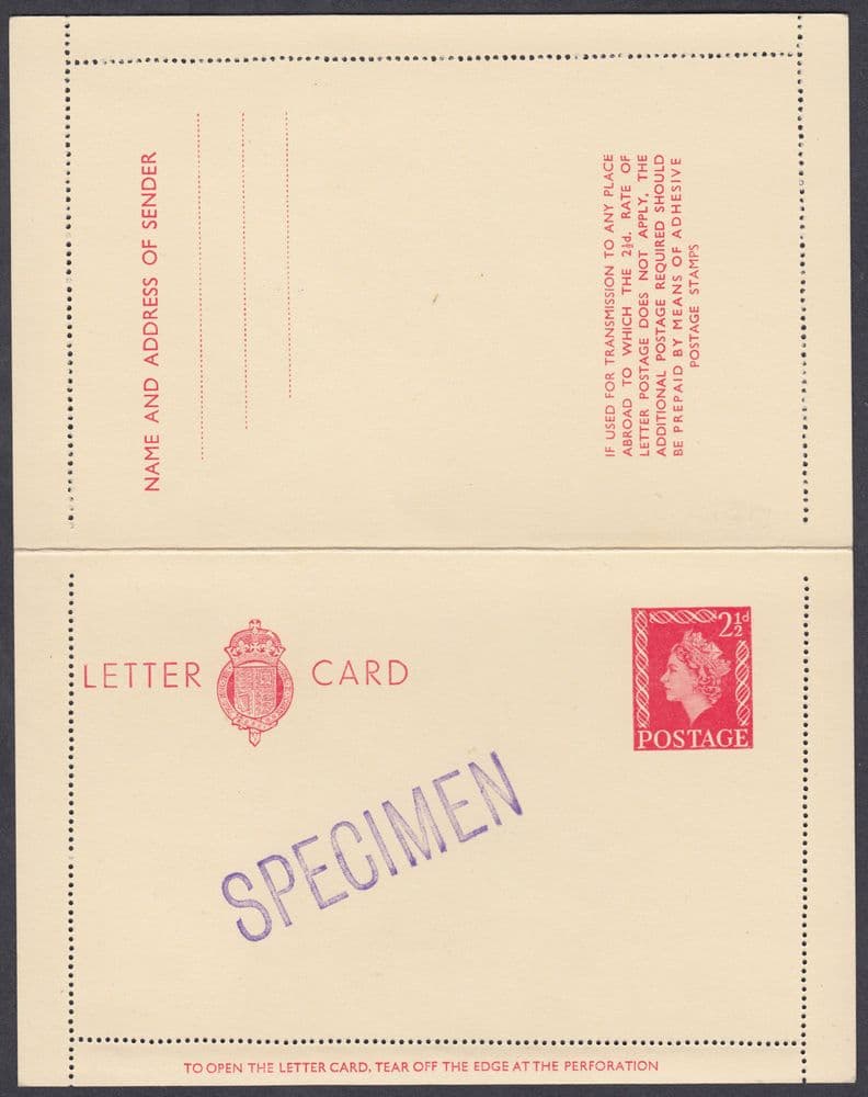 QEII 2 1/2d carmine Letter Card SPECIMEN Overprint; Fine; LCP19