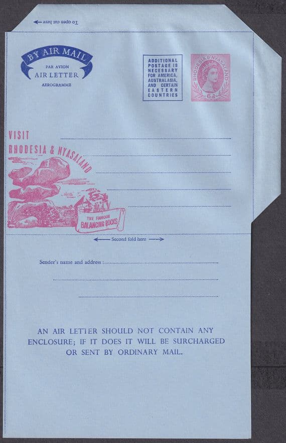 Rhodesia & Nyasaland QEII 6d Air Letter/Aerogramme; Balancing Rocks; Mint