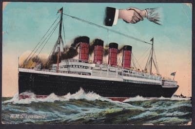 RMS Lusitania Hands across the Sea Wright Pub.Postcard;posted 1911