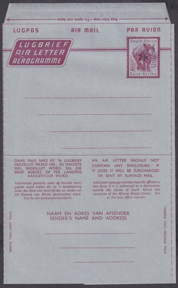South Africa 2 1/2c on 3d overprint Air Letter / Aerogramme; Mint