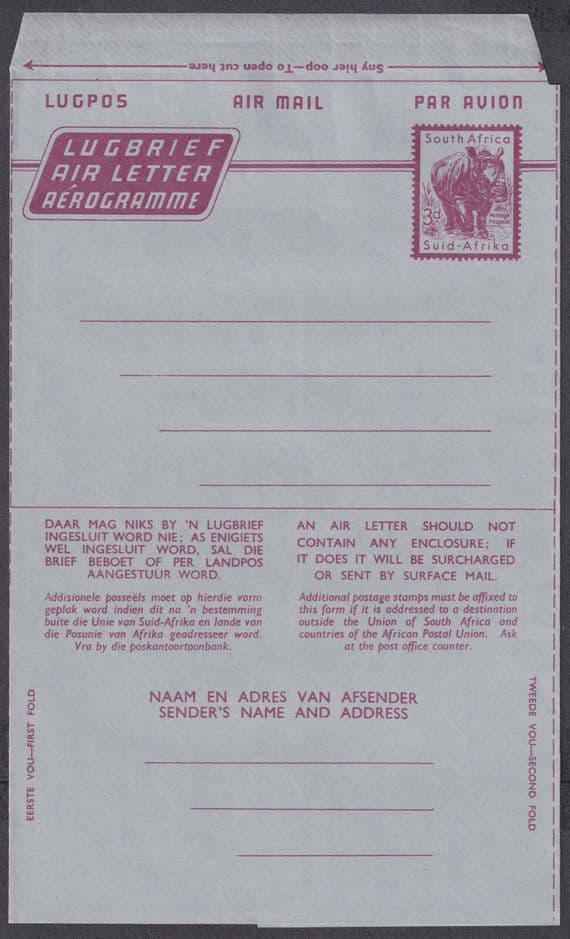 South Africa 3d Air Letter / Aerogramme; Mint