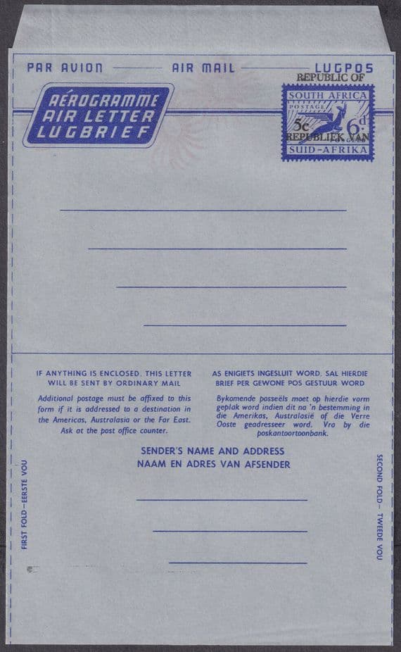 South Africa '5c / Republic of' overprint on 6d Air Letter / Aerogramme; Mint