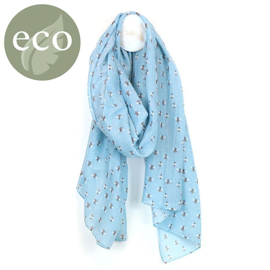 POM Peace Of Mind Recycled Pale Blue Tiny Bumblebee Print Scarf POM Peace Of Mind Recycled Pale Blue Tiny Bumblebee Print Scarf