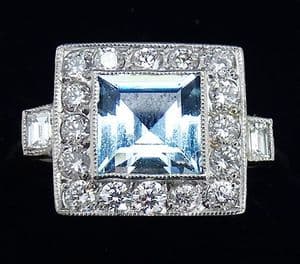 Beautiful art deco platinum 0.70ct aquamarine and diamond vintage antique trilogy ring