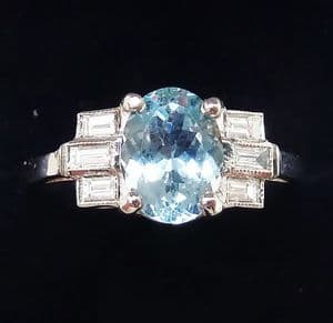 Beautiful art deco platinum 1.10ct aquamarine and baguette diamond vintage antique cluster ring