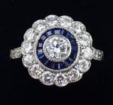 Beautiful art deco platinum 1.20ct diamond and sapphire vintage antique target ring