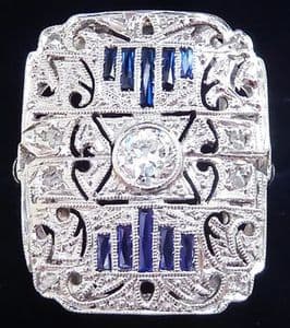 Beautiful art deco platinum diamond and baguette cut sapphires vintage antique panel ring