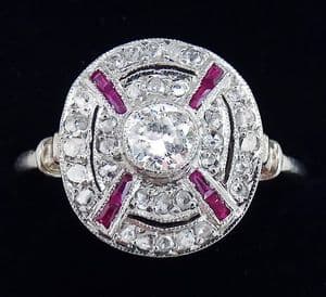 Beautiful art deco platinum ruby and rose cut diamond vintage antique cluster ring