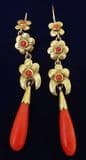 Beautiful victorian 18ct 18k gold coral dangle drop vintage antique daisy flower earrings