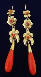 Beautiful victorian 18ct 18k gold coral dangle drop vintage antique daisy flower earrings